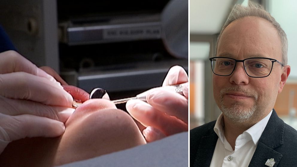 En delad bild som visar två scener. Till vänster ses en tandläkare som arbetar med en patients tänder, med fokus på verktygen och händerna som utför behandlingen. Till höger syns en man i en kostym, i kontorsmiljö,