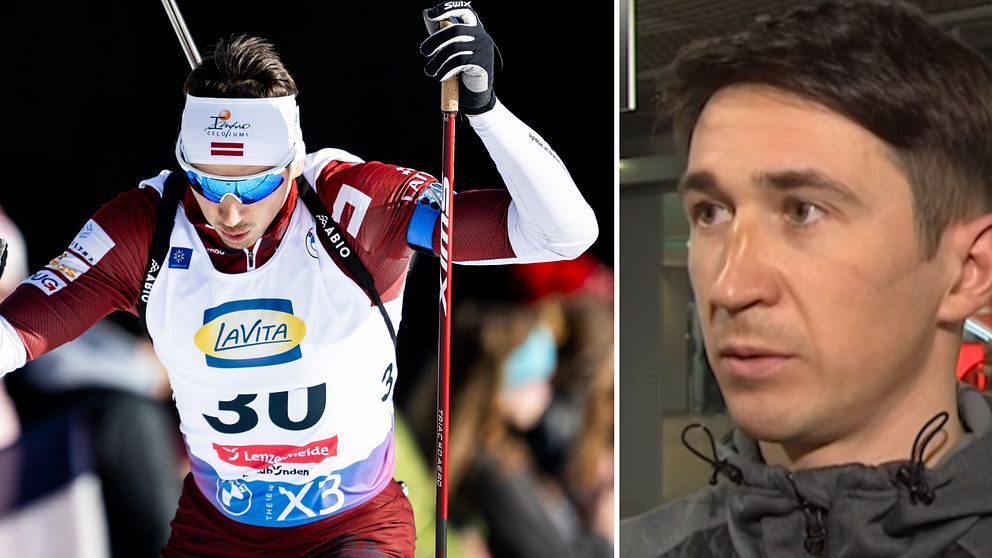 Tvådelad bild. Vänster: Skidskytt i aktion. Höger: Man med blurrat ansikte.