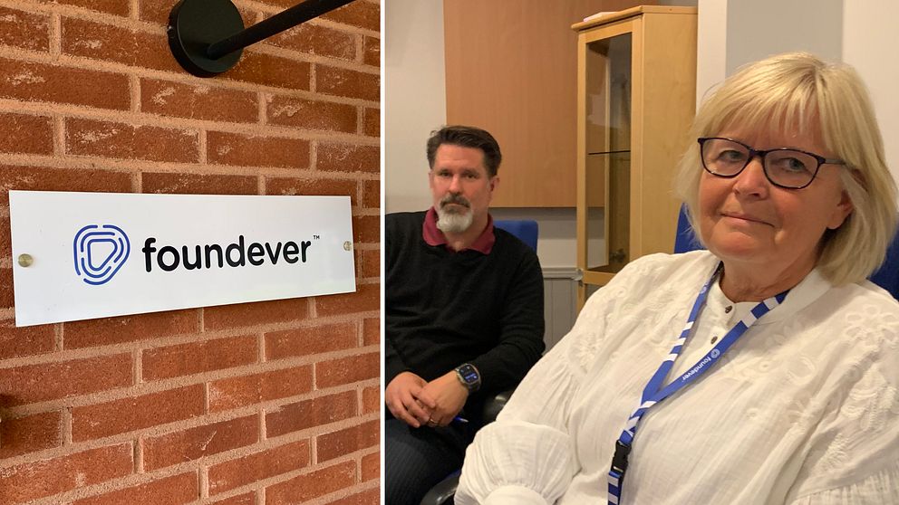 Delad bild. till vänster skylt med texten Foundever. Till höger en kvinna och en man sitter i ett konferensrum