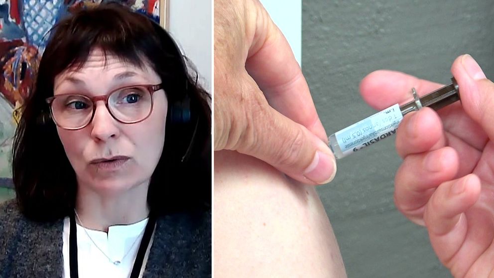 Barnmorskan Chatarina Strömbäck samt en bild på en överarm där en spruta med HPV-vaccinet Gardasil förs in.