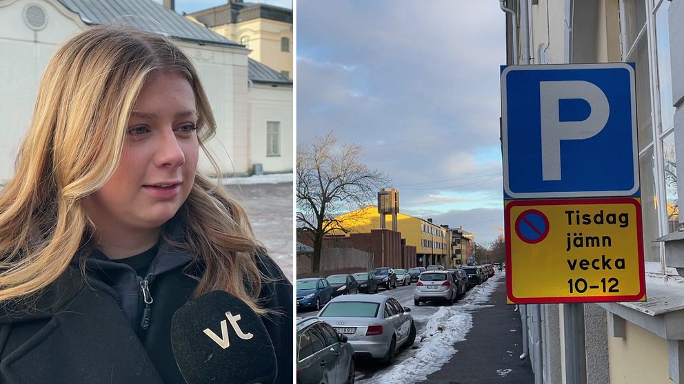 Kvinna i Karlstad och en parkeringsskylt på gata.