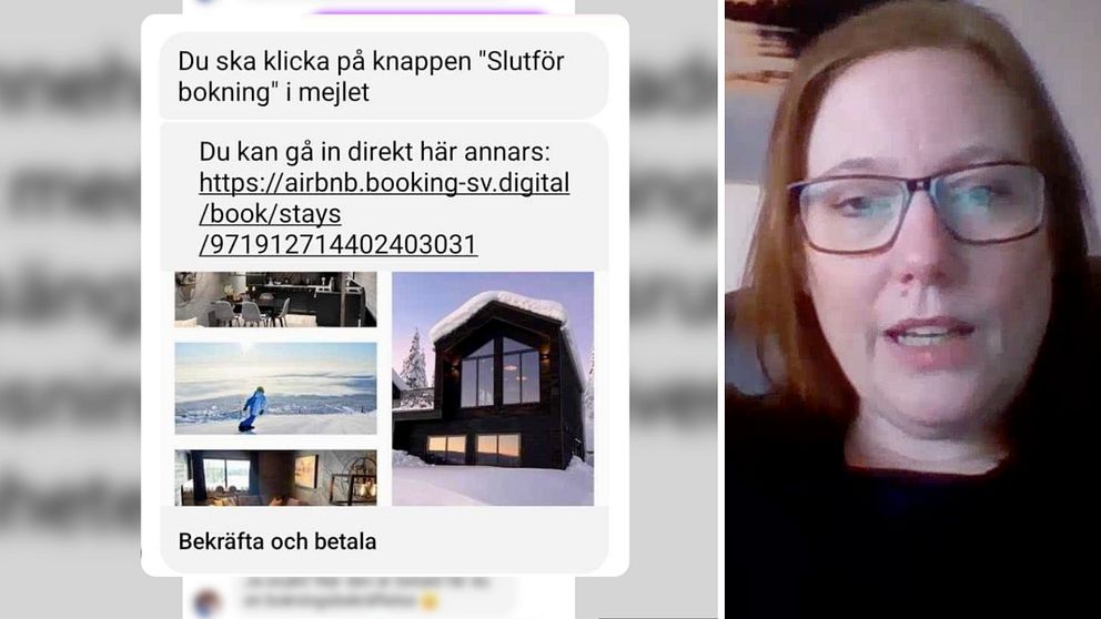 Delad bild – till vänster en bild på en falsk airbnb-länk och till höger en bild på en kvinna med glasögon och mörkt hår
