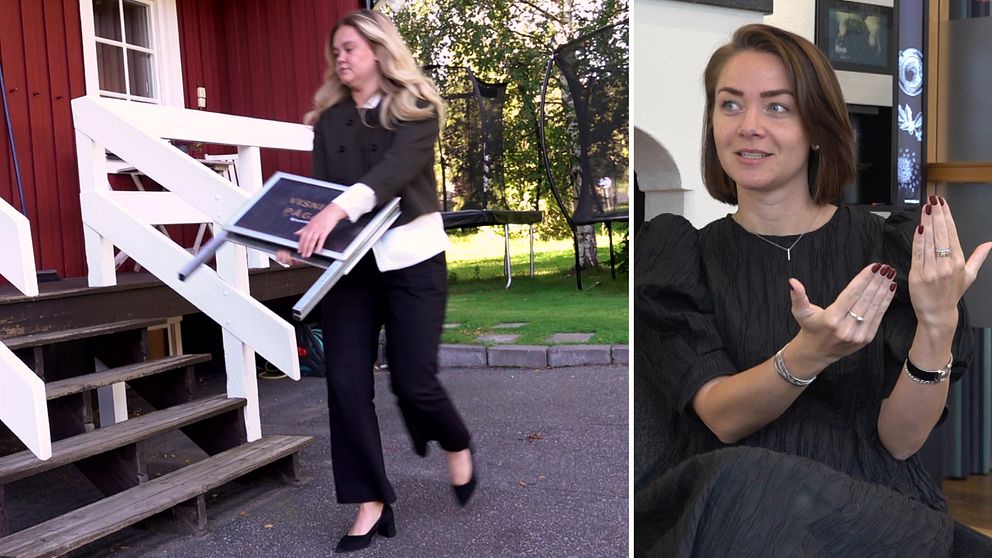 En delad bild som visar två scener. Den vänstra sektionen visar en person som bär en stol på en uppfart vid en röd byggnad med vita detaljer. Den högra sektionen visar en person som gestikulerar med händerna, sittande i en inomhusmiljö med böcker och dekorativa föremål i bakgrunden.