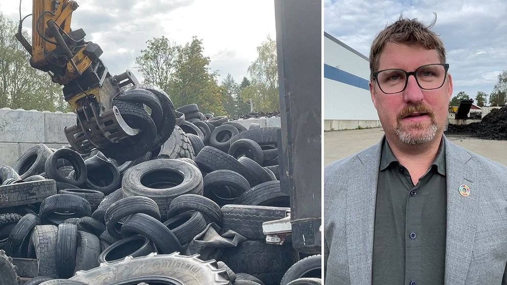 Gummidäck som lyfts upp av en traktor, en man med grå kostym