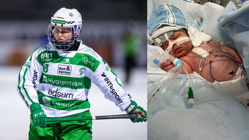 Bandyspelare Maja Odén och hennes son Lasse som ligger på sjukhus