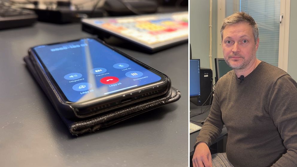 En mobiltelefon på ett skrivbord och en bild på Thomas Sundberg.