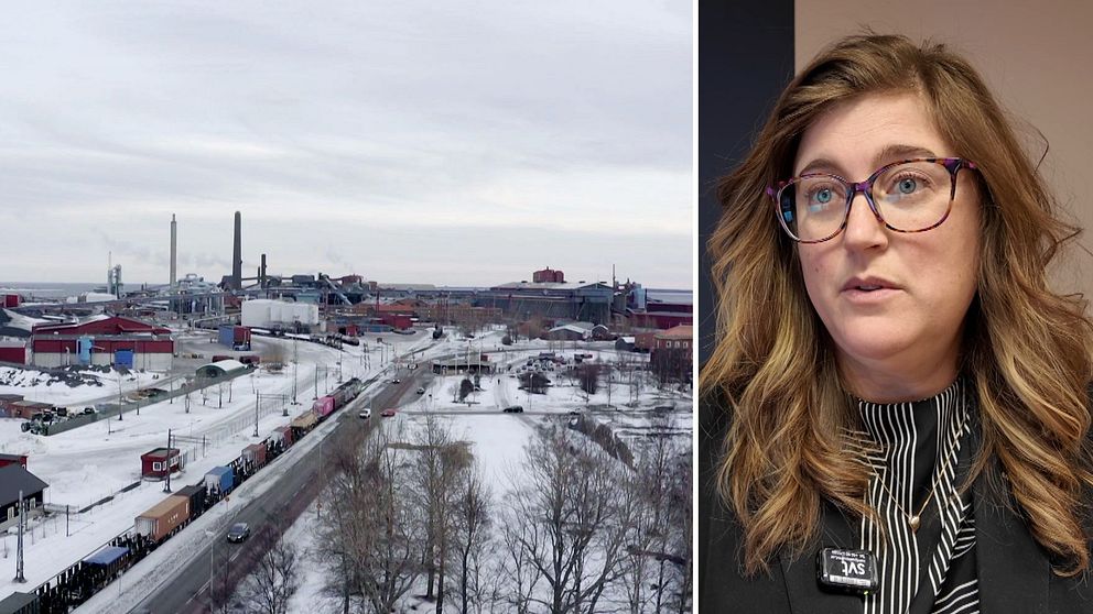 Delad bild. Till vänster: vintervy över industriområde. Till höger: person med långt blont hår.