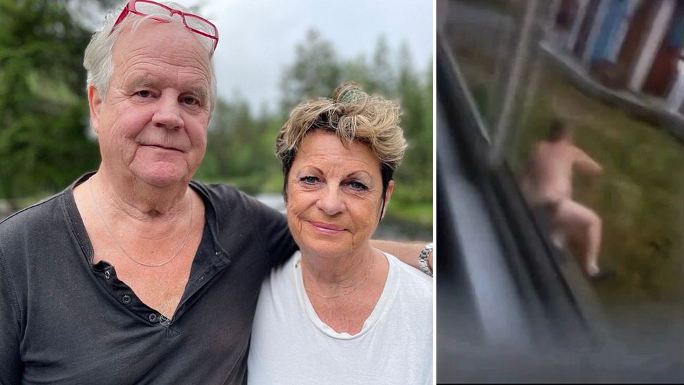 Tvådelat bild: Ola Håkansson och Maud Ljungberg på en porträttbild och Ola i kalsongerna från ett videoklipp när han springer från en björn.