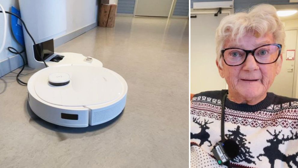 En robotdammsugare och en äldre kvinna.