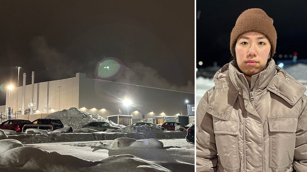 Till vänster: Northvolts fabrik i Skellefteå. Till höger: En kvinna med mössa och jacka.