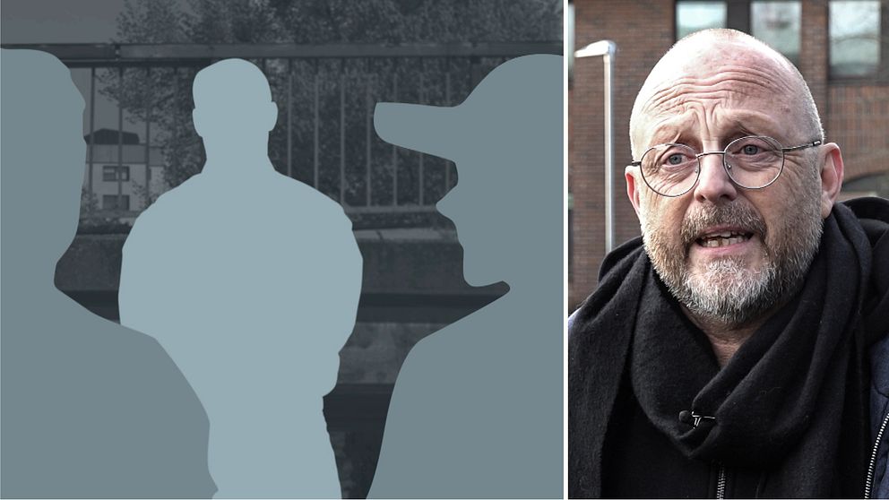 En delad bild som visar två sektioner. Den vänstra sektionen innehåller silhuetter av tre personer som står i en upprätt position i en urban miljö. Den högra sektionen visar Borlänge kommuns socialchef, Tomas Ahlin.
