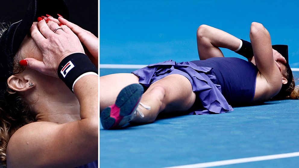 Den vänstra sektionen visar en tennisspelare som håller sitt huvud med händerna i en gest av frustration eller besvikelse. Den högra sektionen visar samma spelare liggande på tennisbanan med ansiktet mot marken, i en position som uttrycker utmattning eller nederlag.