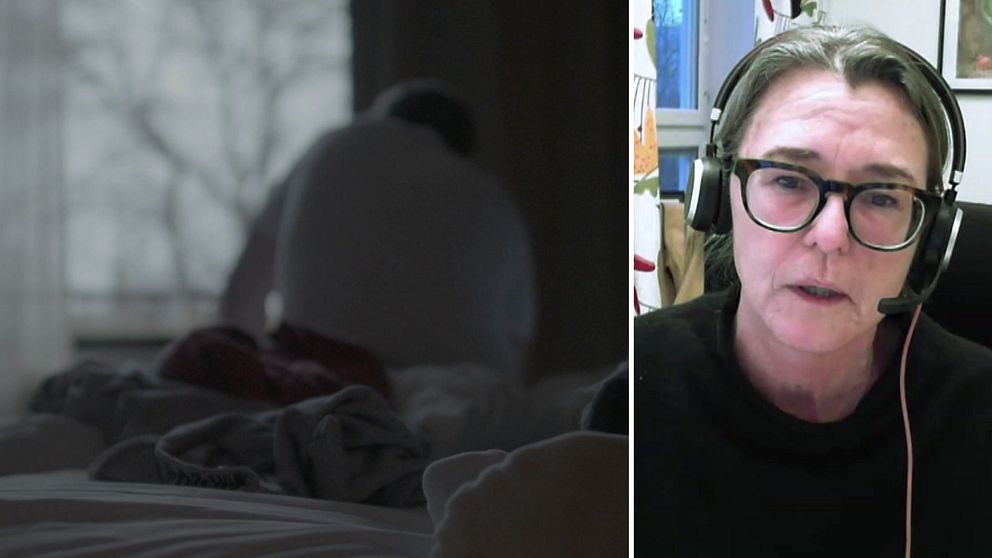 Delad bild: Till vänster ses en suddig bild av en person som sitter på en säng i ett dunkelt rum med ett fönster i bakgrunden. Till höger är en person med hörlurar i en inomhusmiljö, med en suddad ansikte.