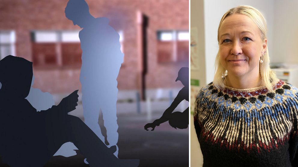 Grafisk bild med ungdomar på skolgård. Ingela Flodén Olsson som arbetar som skolsköterska på Nivrenaskolan i Sundsvall.