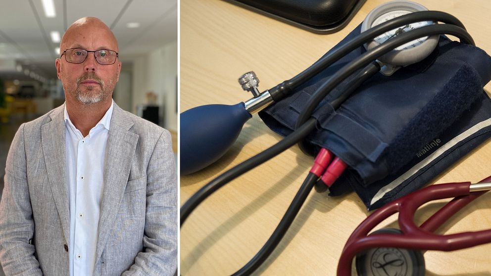 Förvaltningschefen för vård- och omsorg i Sundvalls kommun Lars-Ove Johansson och till höger en bild på blodtrycksmätare