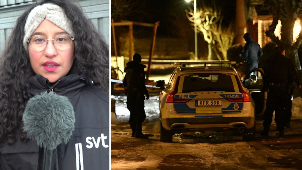 Delad bild. Till vänster står SVT:s reporter med en mikrofon framför sig. Till höger syns en polisbil och flera poliser. Det är mörkt och bilden är tagen på natten.