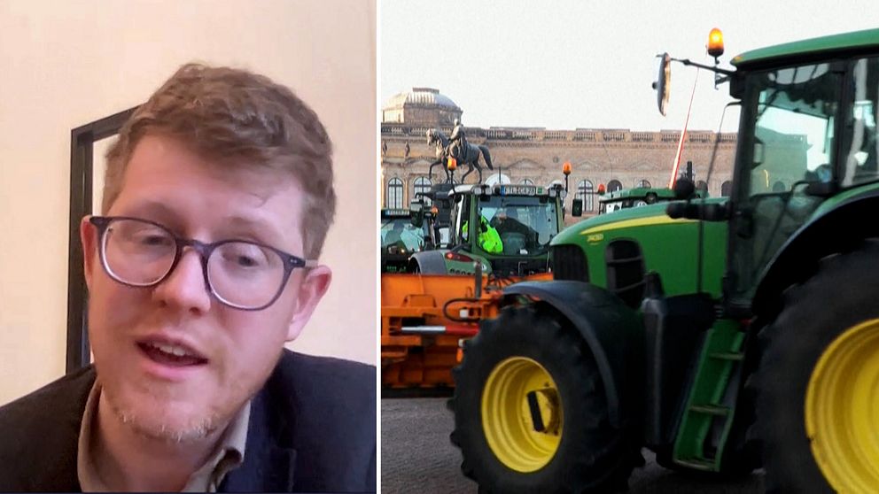 En två delad bild, på ena sidan ansiktet på en man med glasögon, på den andra sidan en traktor.