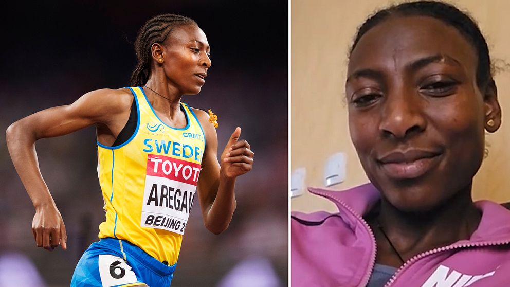 Tvådelad bild. Vänster: svensk löpare i tävling. Höger: person i rosa Nike-jacka.