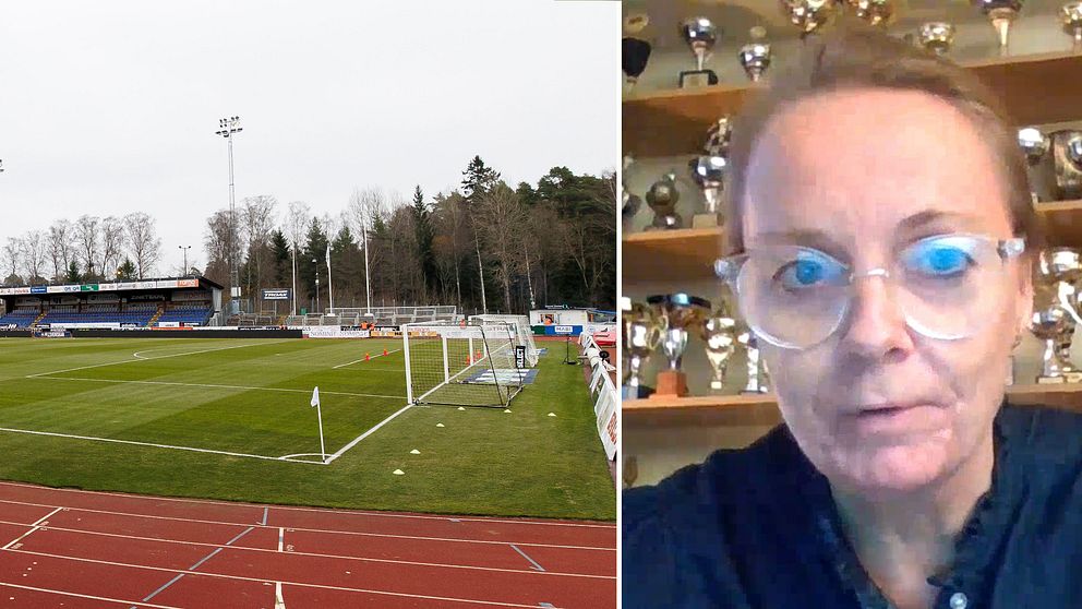 En delad bild som visar en fotbollsplan på vänster sida, omgiven av ett sportfält med mål som är uppställda. Längst bak kan man se läktare och träd i bakgrunden. På höger sida finns en person framför en vägg fylld med troféer, vilket indikerar framgång inom sportsammanhang.