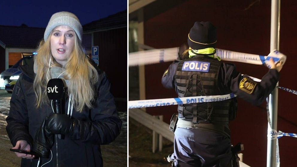 SVT:s reporter i Strängnäs och polis som sätter upp avspärrning
