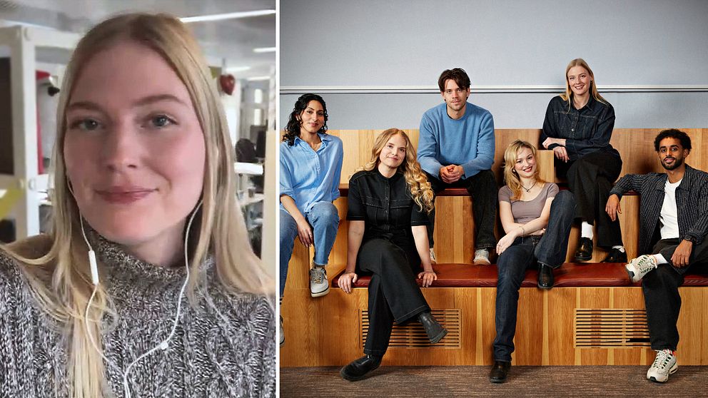 Porträtt av en kvinna i en tröja som stående i en ljus miljö, och en grupp av sex personer som sitter på en bänk i en studio med träpaneler i bakgrunden.