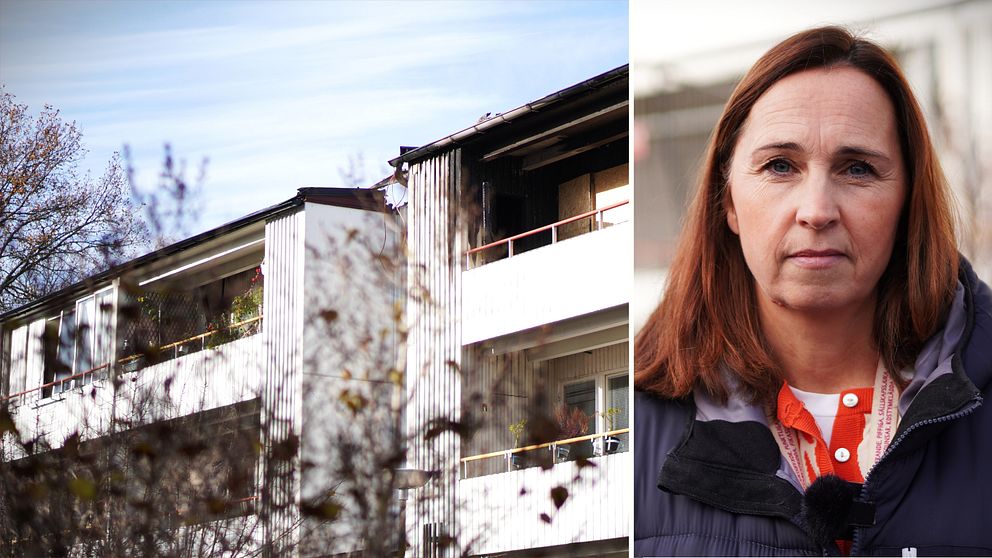 Till höger är Therese Berg, fastighetschef på Uppsalahem. Till vänster ser vi de brända taken av lägenheterna i Gottsunda.