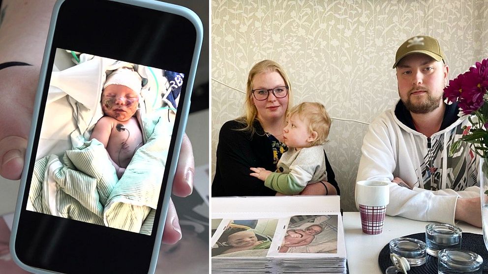Nyfödd bebis på sjukhus med lakan omkring sig, skadad efter att ha blivit attackerad av hund – två föräldrar i ett kök i Kristinehamn med sin son Liam i famnen