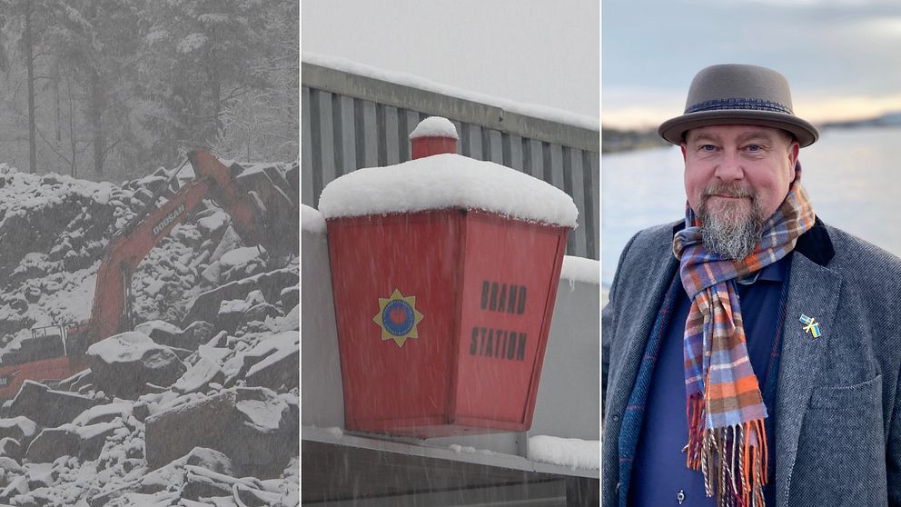 Tredelad bild på dels grävskopa på byggtomt, röd lykta med texten brandstation och en man, som heter Magnus Gärdebring och är Moderaternas kommunalråd i Karlshamn.