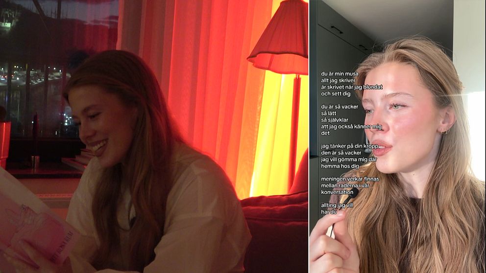 En delad bild som visar två olika sektioner. Den vänstra sektionen visar en person som sitter med en bok i knät, omgiven av varm, röd belysning. I den högra sektionen visas en annan person som håller i en mic och vid sidan har hon en skrivit ner sin dikt.