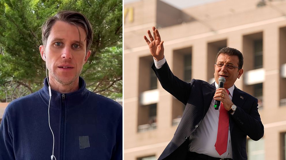 Splitbild med SVT:s reporter Tomas Thorén, och en arkivbild på Istanbuls borgmästare Ekrem Imamoglu.