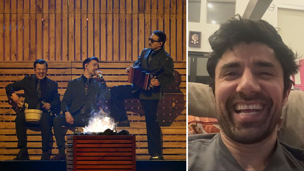 Delad bild. Till vänster: tre män uppträder framför eld. Till höger: person inomhus i soffa.