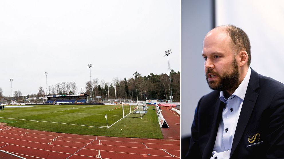 Tvådelad bild. Till vänster: öde fotbollsplan och löparbanor.