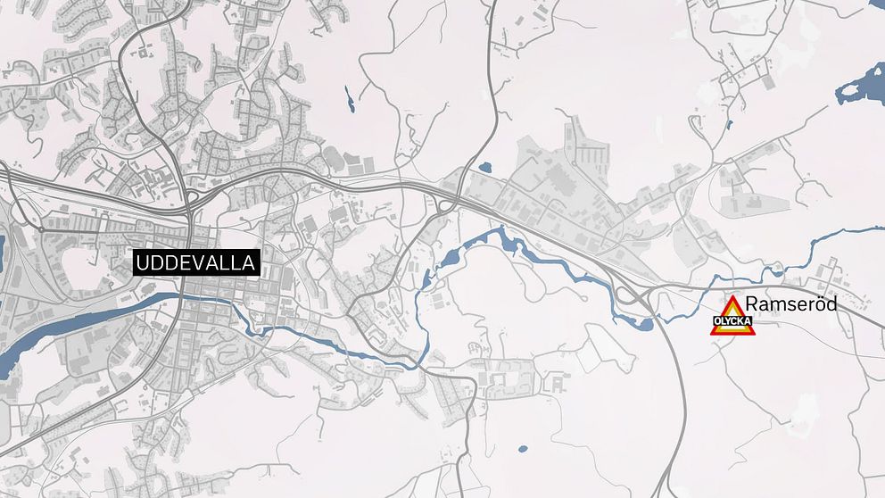 karta över Uddevalla och olycksplatsen vid Ramseröd strax utanför staden