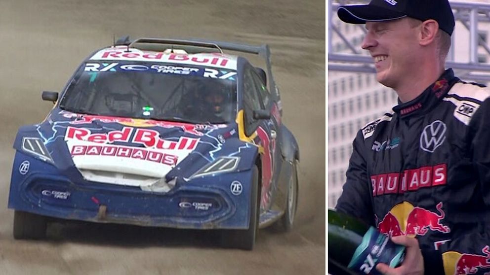 Johan Kristoffersson firar rallycross-segern.