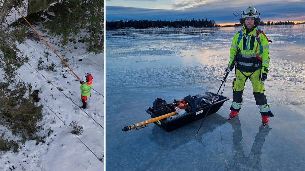 Till vänster syns en person i en reflexväst som klättrar i en snötäckt skog med en lång stav i handen, och till höger står en person i liknande kläder på isen vid en sjö med en pulka fylld med utrustning bredvid.
