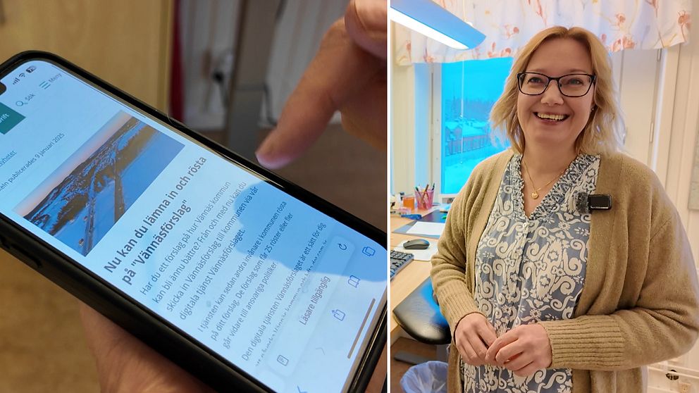 En delad bild som visar två sektioner: till vänster en närbild av en hand som håller en smartphone med en artikel om avfallshantering på skärmen, och till höger en person som står i ett rum med fönster.