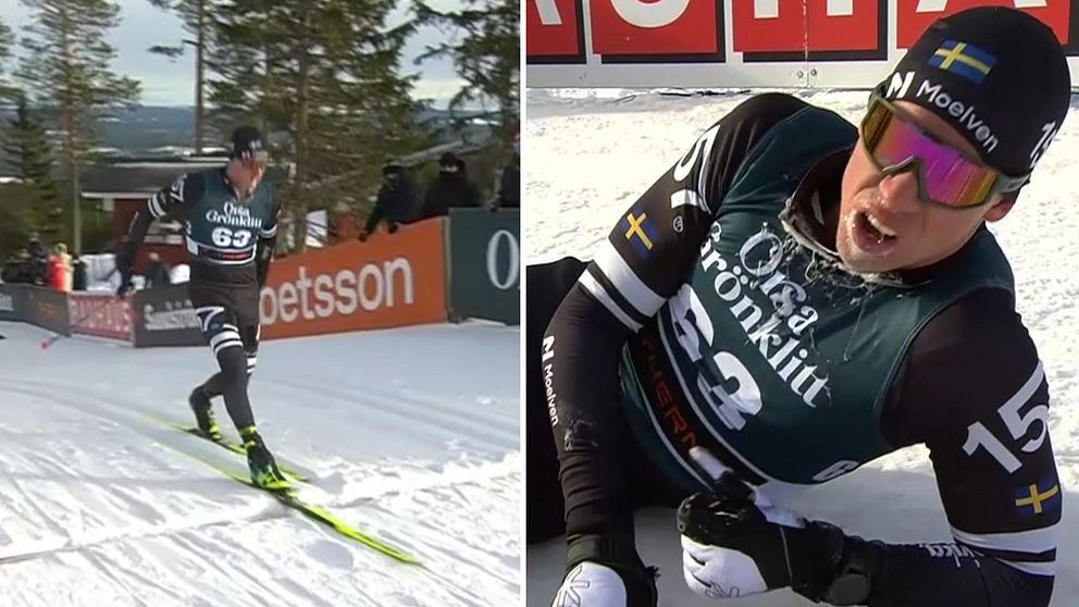 En delad bild där den första sektionen visar en längdskidåkare som energiskt åker skidor på en snöig bana omgivet av träd och reklamskyltar. Den andra sektionen visar samma skidåkare sittande på snön, bärandes en tävlingsdräkt med nummer 23 och svenska flaggan på mössan och ärmen.