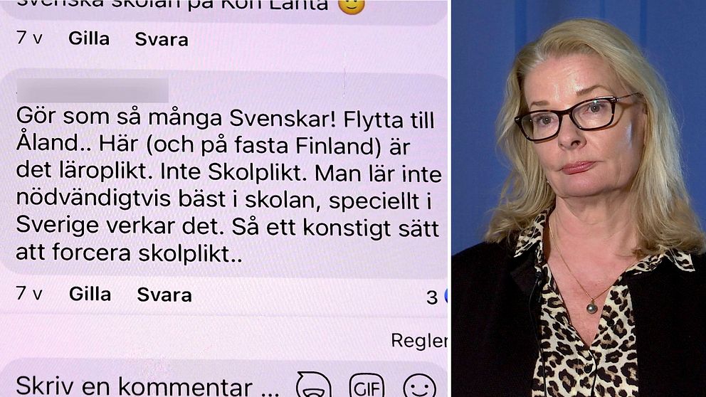 Till vänster: en bild ur en Facebook-grupp där föräldrar tipsar varandra om hur de kan undvika den svenska skolplikten. Till höger: skolminister Lotta Edholm (L)