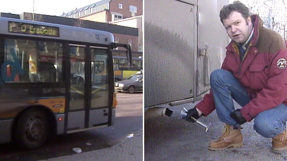 Tvådelad bild. Vänster: parkerad buss i centrum Höger: Person står med glasflaska vid ett avgasrör