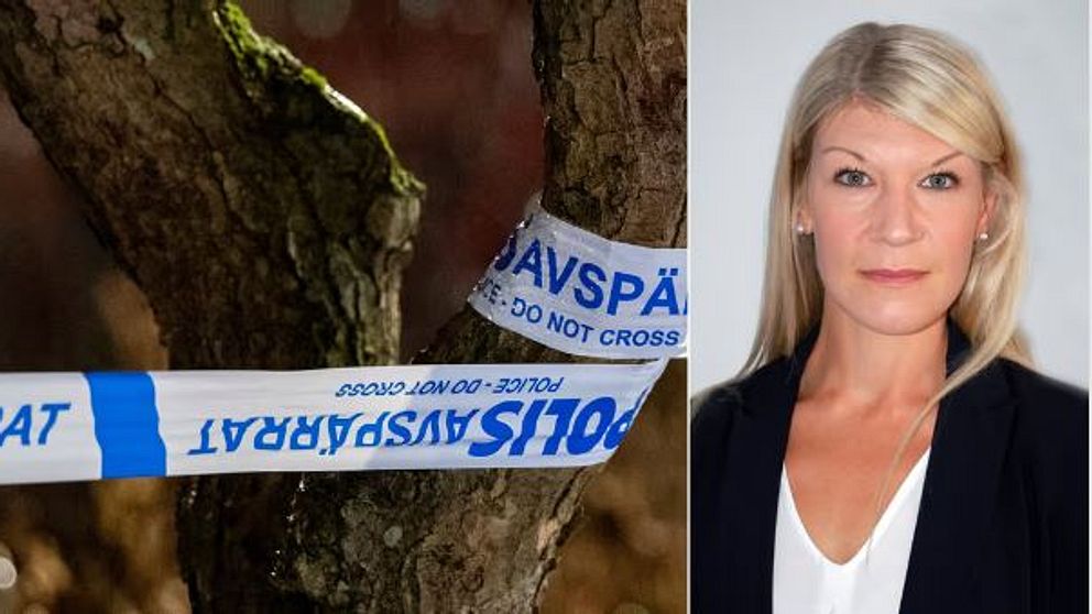 En delad bild som visar en närbild av ett träd med avspärrningsband som är märkta ”POLISAVSPÄRAT – DO NOT CROSS” och åklagare Emma Harrius i affärskläder.