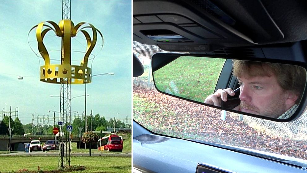 En delad bild som visar två sektioner. Den vänstra sektionen visar en stor gyllene krona installerad på en stolpe i en rondell omgiven av grönska och bilar. Den högra sektionen visar en bilinteriör med fokus på backspeglen där en person syns som använder en mobiltelefon medan de sitter i bilen.