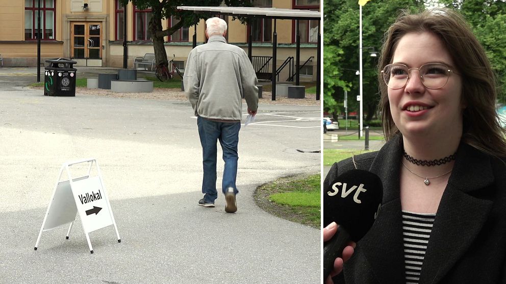 En man går mot en vallokal och en ung kvinna intervjuas.