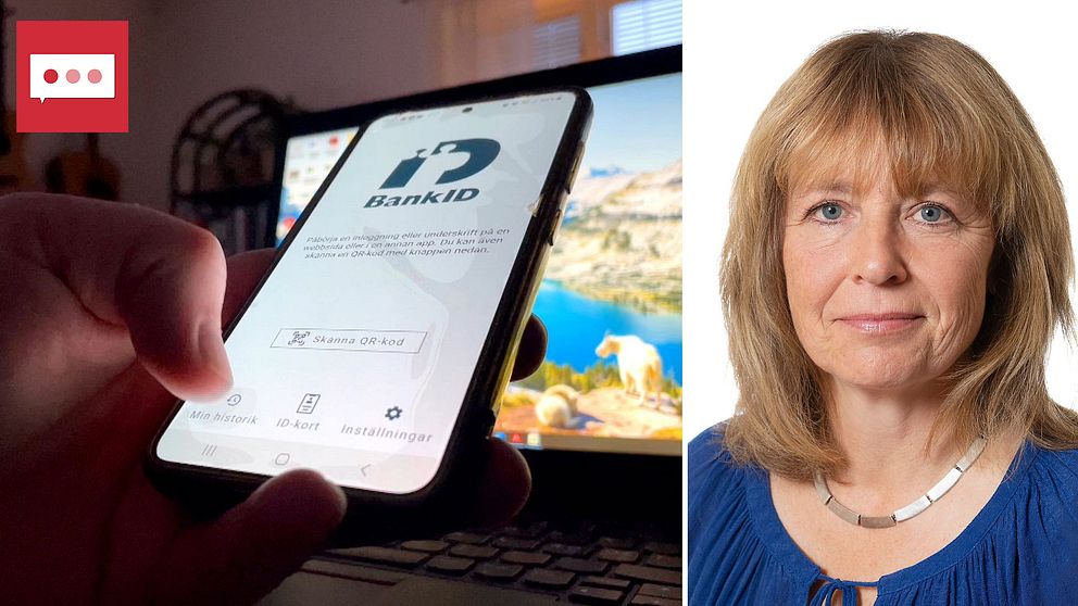 En mobiltelefon som visar BankID-appen hålls i handen i en miljö med en dator i bakgrunden.