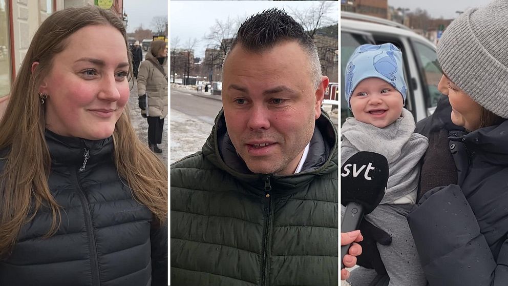 Tre personer står utomhus i en snöig miljö, klädda i vinterjackor. Den första personen till vänster har långt hår och står vid en butik. I mitten syns en man med kort hår, som står på en gata. Till höger håller en kvinna en liten baby och pratar in i en mikrofon med en SVT-logotyp.