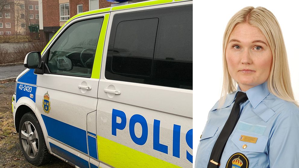 En delad bild. Polisbil samt kvinna med ljust hår i polisuniform