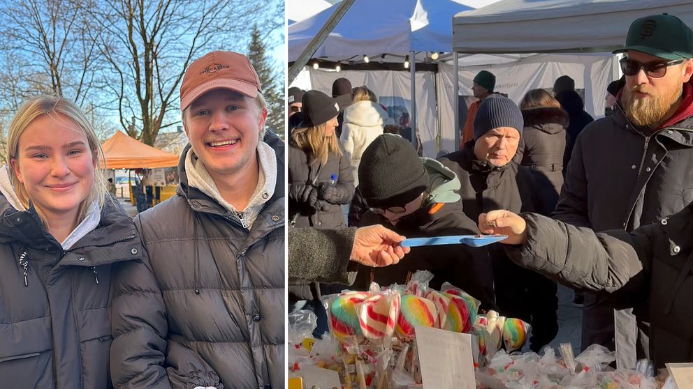 Tvådelad bild: Till vänster visar en vintermarknad med orange tält i bakgrunden och människor klädda i varma kläder. Till höger sker en transaktion över ett marknadsstånd med godis och godisstångar under ett vitt tält, där människor är engagerade i köp och interaktion.