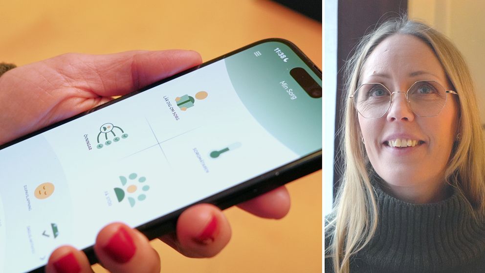 En person håller i en smartphone som visar en användarvänlig app med ikoner för olika hälsofunktioner som vaccination, temperatur och wellness. I den andra sektionen syns en person med blont hår, iförd en mörk tröja.