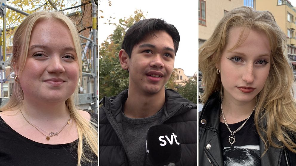 Tre personer står i en utomhusmiljö med höstträd i bakgrunden. Den första personen bär en svart tröja och en kedja runt halsen. Den andra personen har på sig en mörk jacka och håller en mikrofon med texten ”svt”. Den tredje personen är klädd i en läderjacka och har en kedja med ett hänge på halsen.