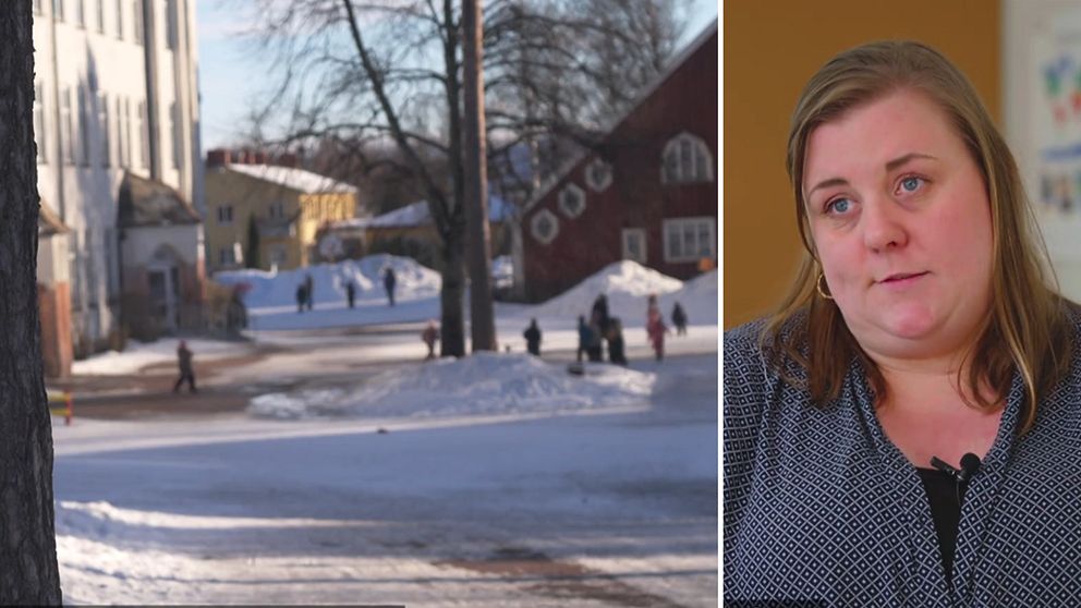 Till vänster skolgård med lekande barn till höger intervjupersonen i klippet