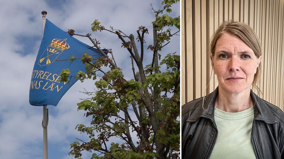 Länsstyrelsen i Dalarnas flagga trasslar in sig i ett träd och Kristin Plahn som är tillfförordnad HR-chef berättar om minskade antal tjänster i verksamheten.